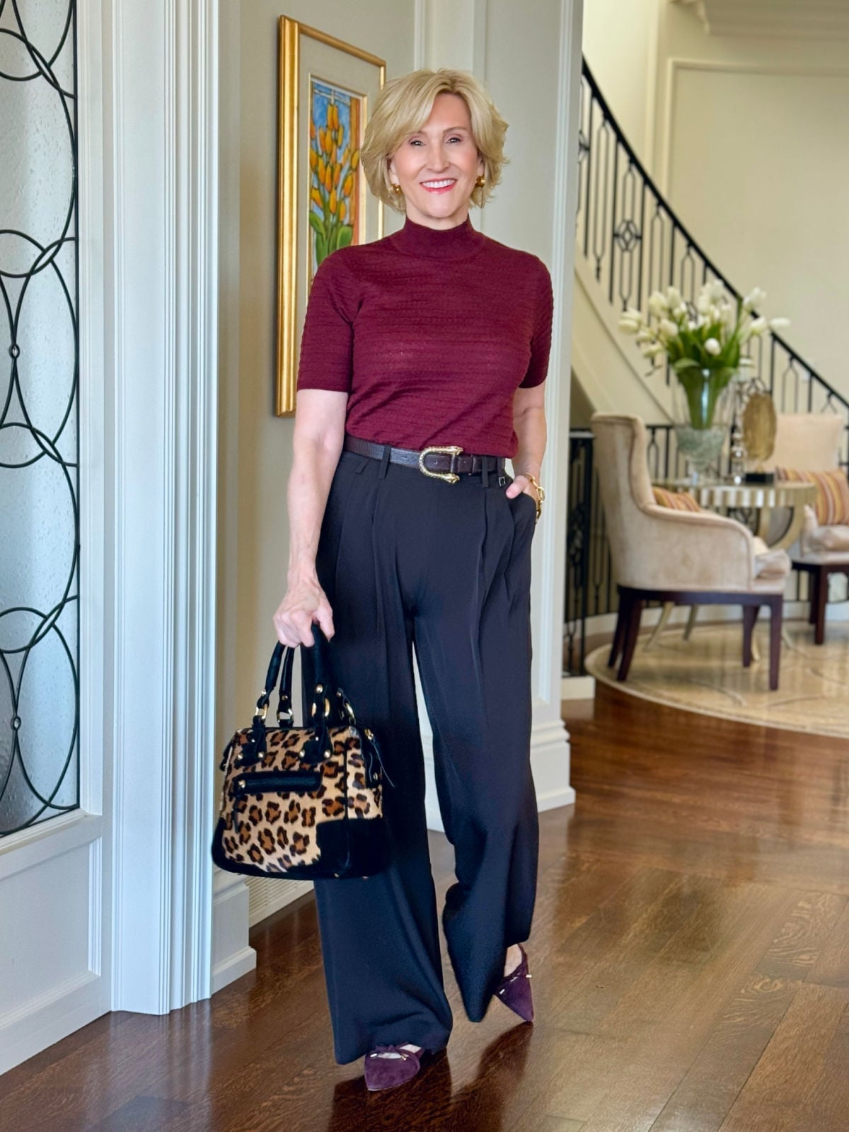 Burgundy Top With Wide Leg Black Trousers and A Leopard Print Handbag Burgundy Top With Wide Leg Black Trousers and A Leopard Print Handbag — Trendy Comfy Outfits