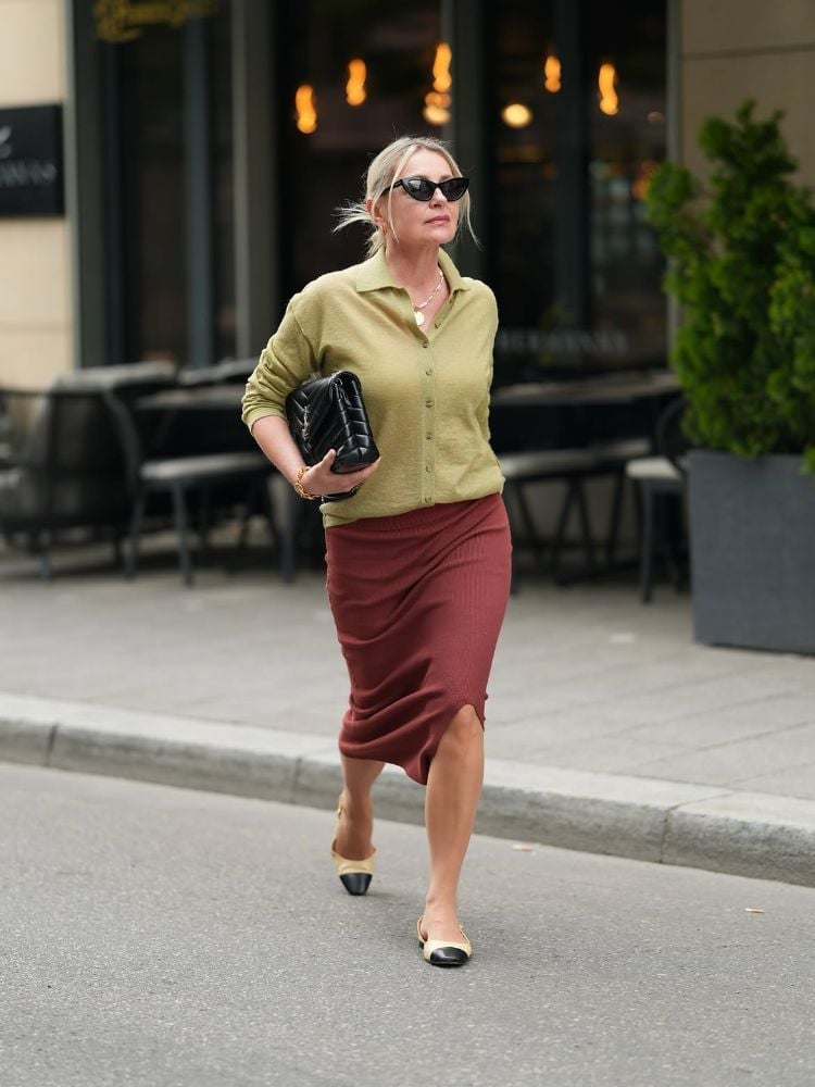 Light Green Cardigan With Rust Red Midi Skirt Light Green Cardigan With Rust Red Midi Skirt — Trendy Comfy Outfits