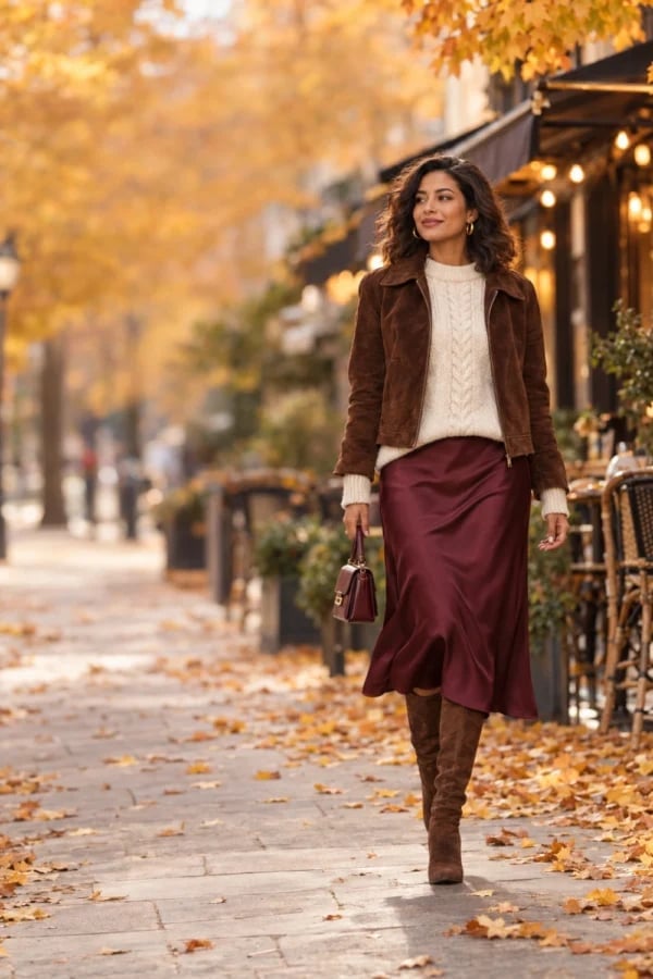 Cream Cable Knit Sweater With Burgundy Satin Skirt Cream Cable Knit Sweater With Burgundy Satin Skirt — Trendy Comfy Outfits