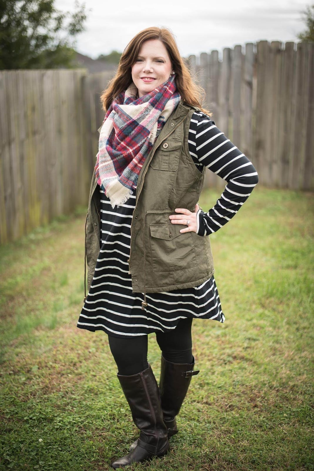 Striped Dress With Utility Vest And Plaid Scarf Striped Dress With Utility Vest And Plaid Scarf — Trendy Comfy Outfits