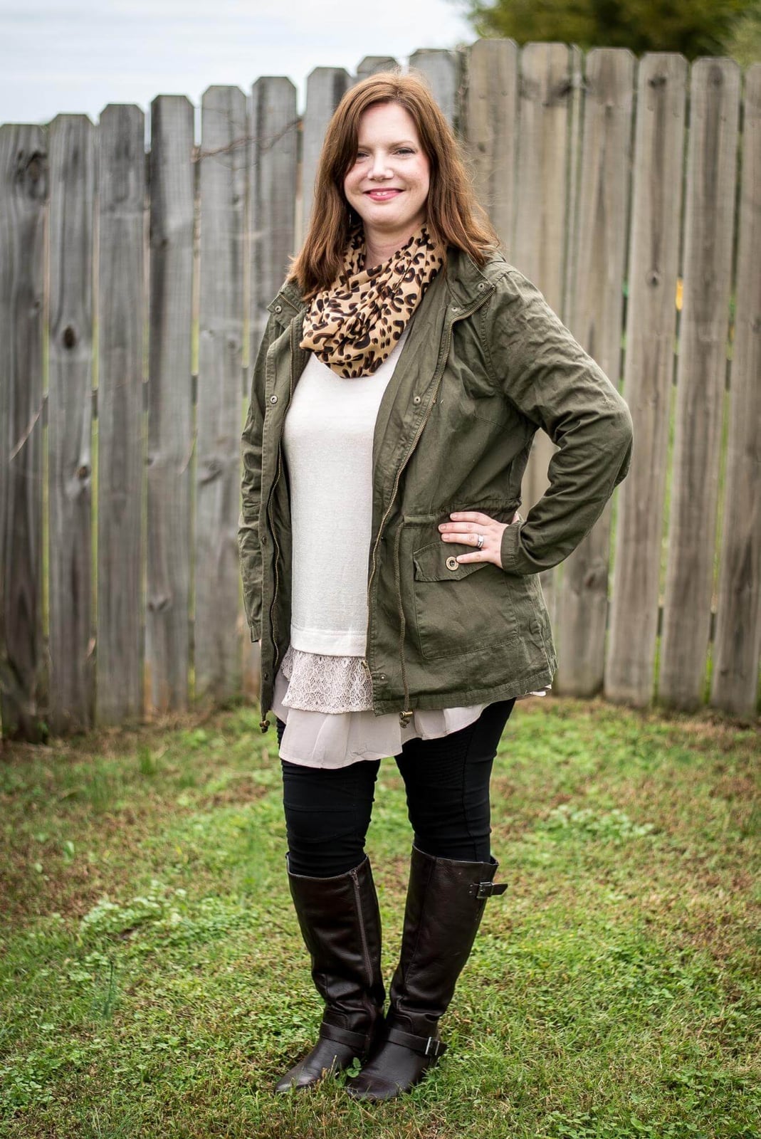 Olive Green Jacket With Black Pants And Leopard Scarf Olive Green Jacket With Black Pants And Leopard Scarf — Trendy Comfy Outfits