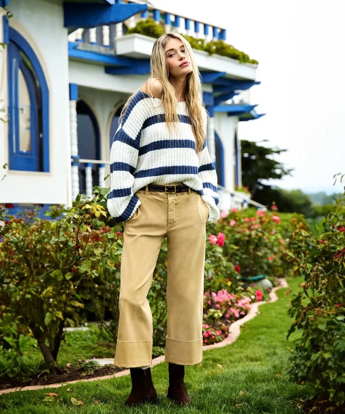 Striped Knit Sweater With Cropped Khaki Trousers Striped Knit Sweater With Cropped Khaki Trousers — Trendy Comfy Outfits