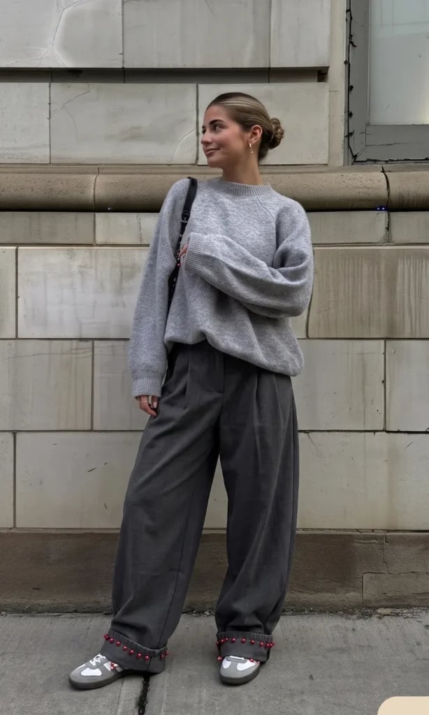 Monochromatic Grey Sweater With Wide Leg Trousers Monochromatic Grey Sweater With Wide Leg Trousers — Trendy Comfy Outfits
