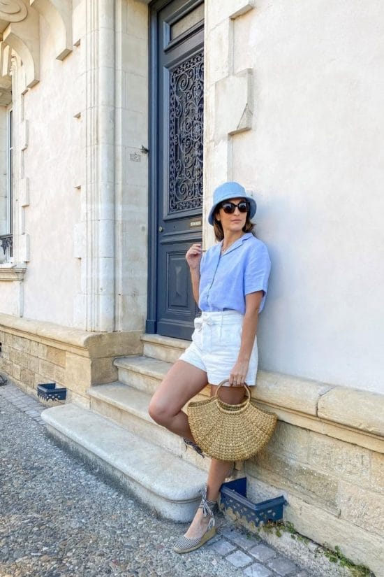 Blue Linen Shirt With White Shorts Blue Linen Shirt With White Shorts — Trendy Comfy Outfits