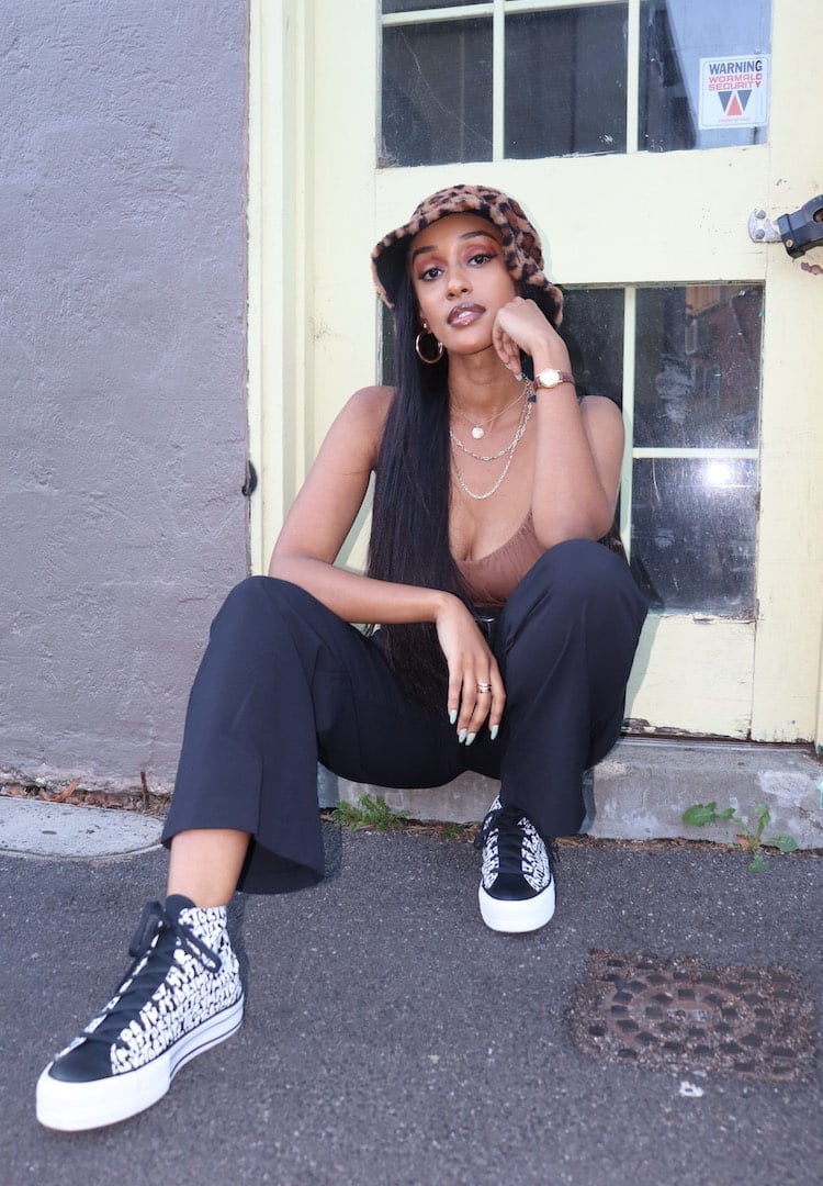Wide Leg Black Trousers with Brown Tank Top and High, Close-Up Take — Trendy Converse Outfits