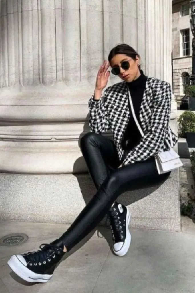Houndstooth Blazer with Skinny Leather Trousers and Platform Converse — Trendy Converse Outfits