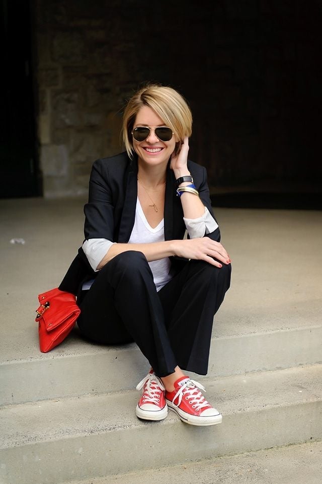 Black Blazer with Grey Shirt and Black Trousers and Red Low Top — Trendy Converse Outfits