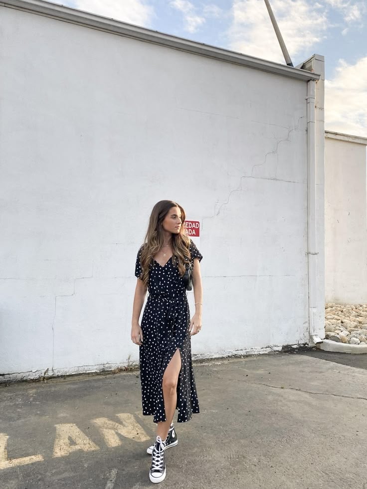 Black Polka Dot Midi Dress with High Slit and High Top Converse — Trendy Converse Outfits