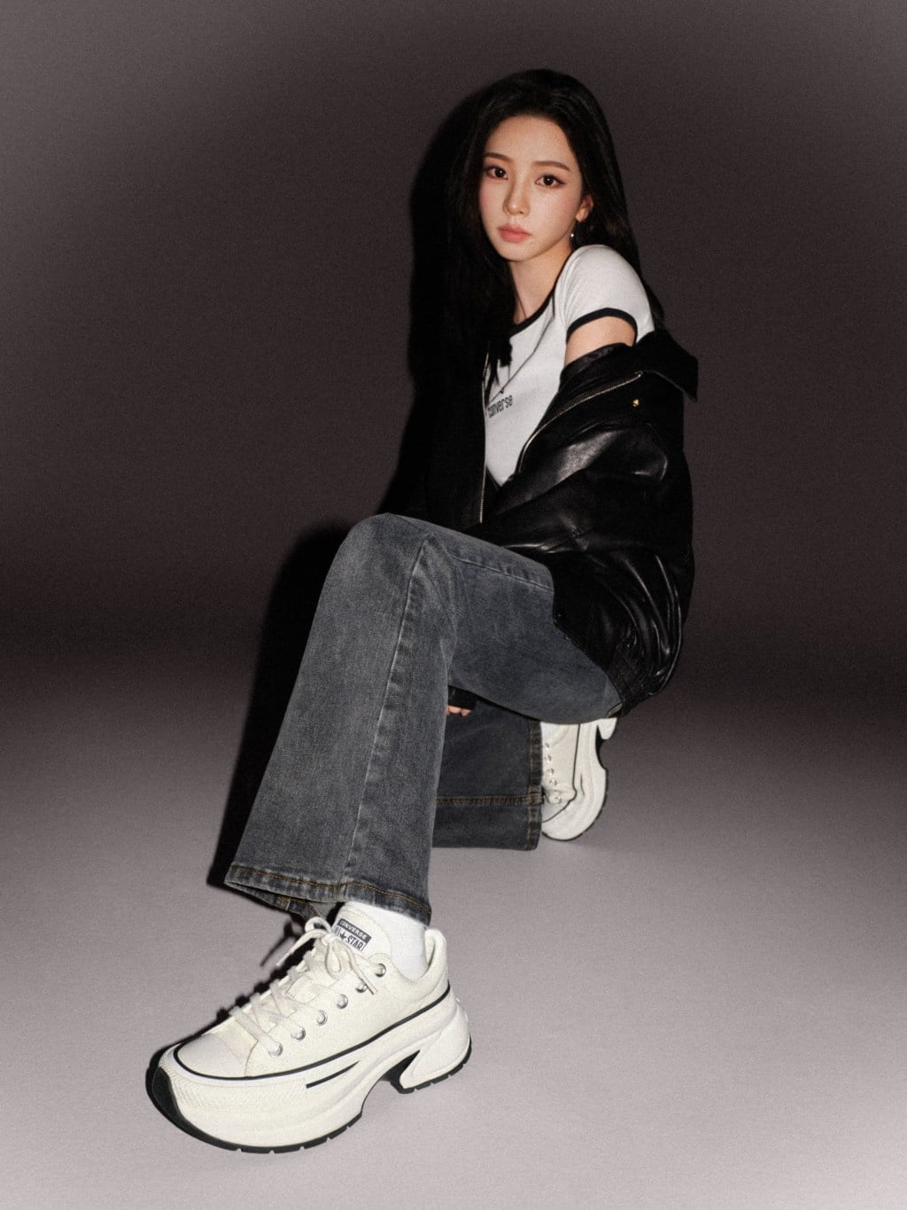 Black Leather Jacket with White T-Shirt and Wide Leg Grey Jeans — Trendy Converse Outfits