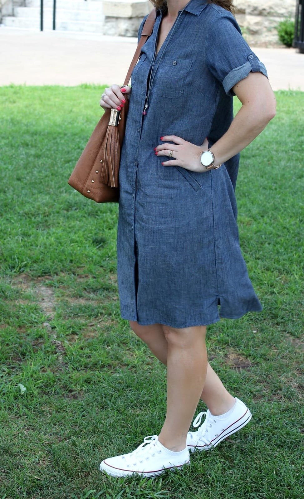 Blue Denim Shirt Dress with Brown Bag and White Low Top Sneakers — Trendy Converse Outfits