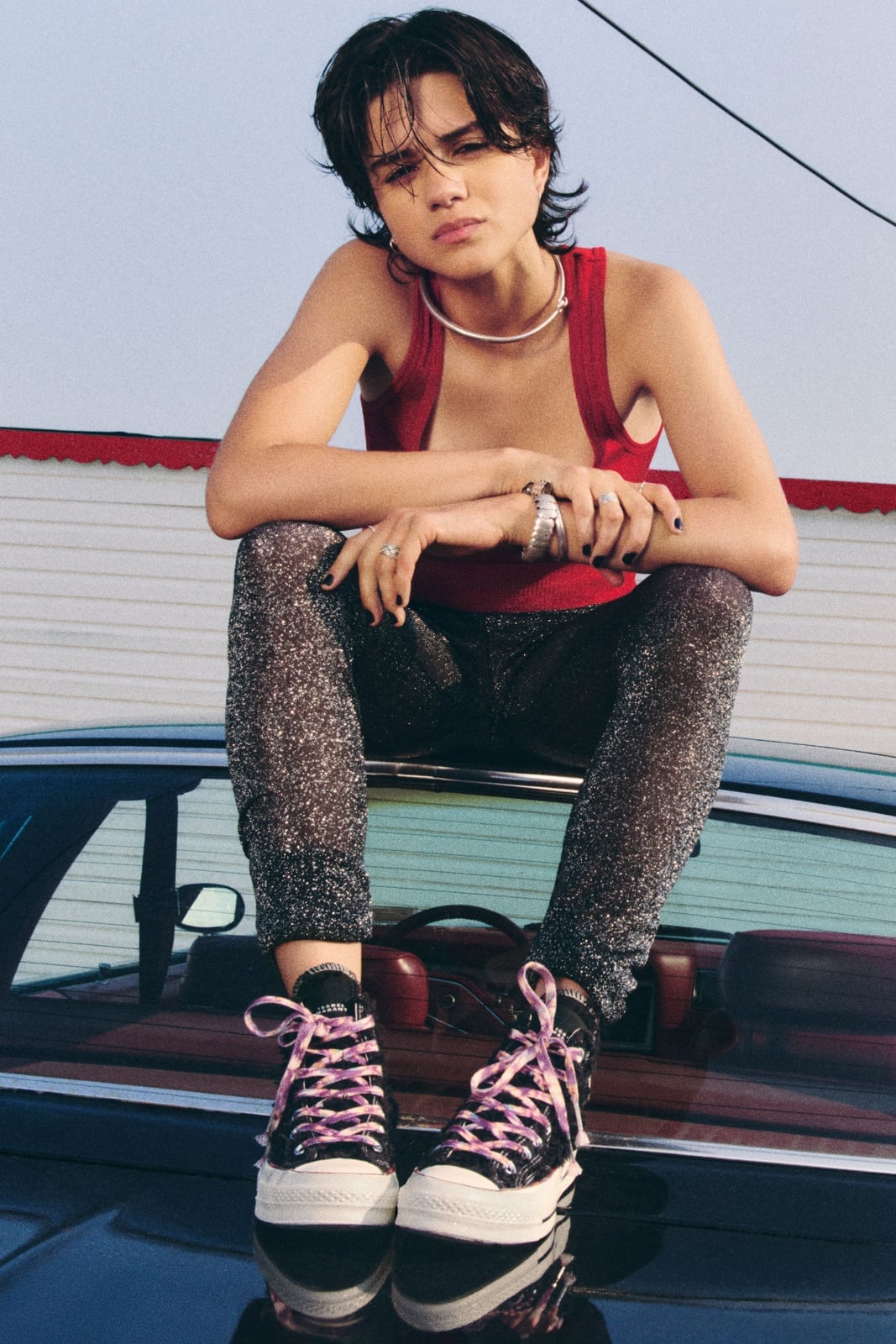 Red Tank Top with Sparkly Sheer Pants and High Top Converse — Trendy Converse Outfits