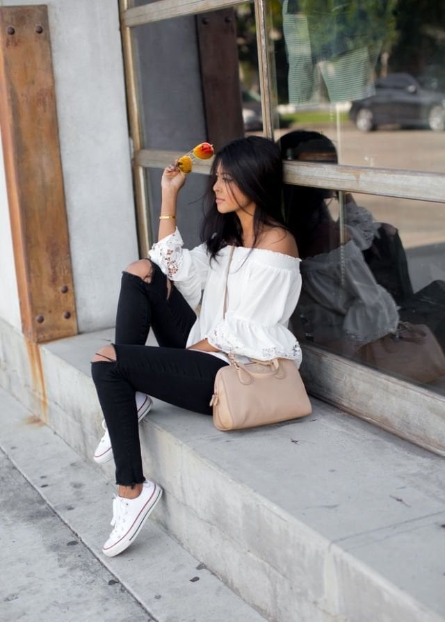 White Off-The-Shoulder Top with Ripped Skinny, Office-Safe Version — Trendy Converse Outfits