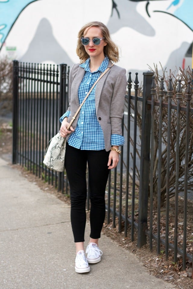 Grey Blazer with Blue Gingham Shirt and Black Skinny Trousers — Trendy Converse Outfits