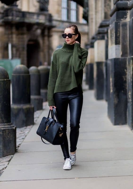 Oversized Green Turtleneck with Black Leather Pants and Low Top — Trendy Converse Outfits