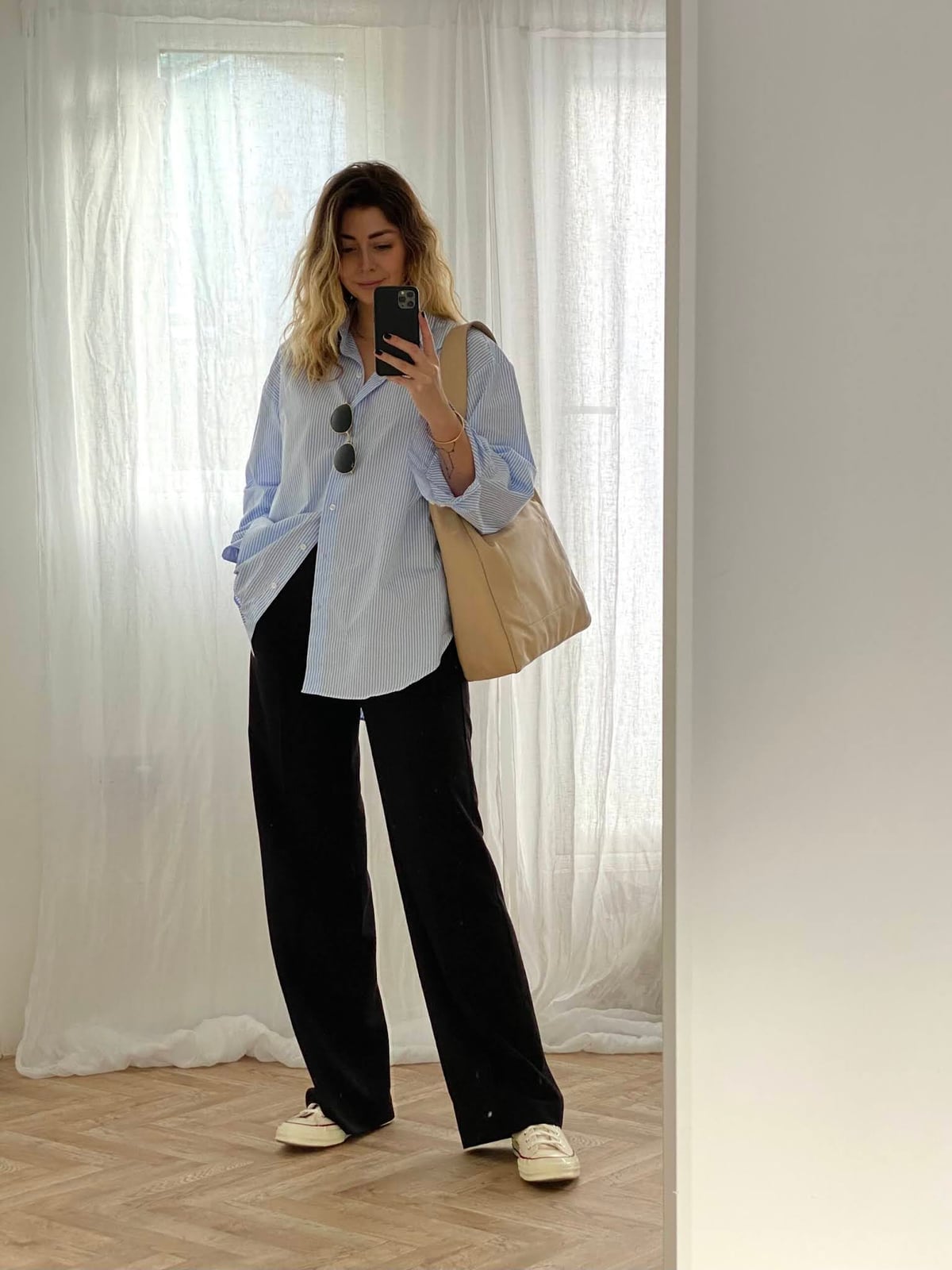 Oversized Striped Shirt with Wide Leg Black, Office-Safe Version — Trendy Converse Outfits