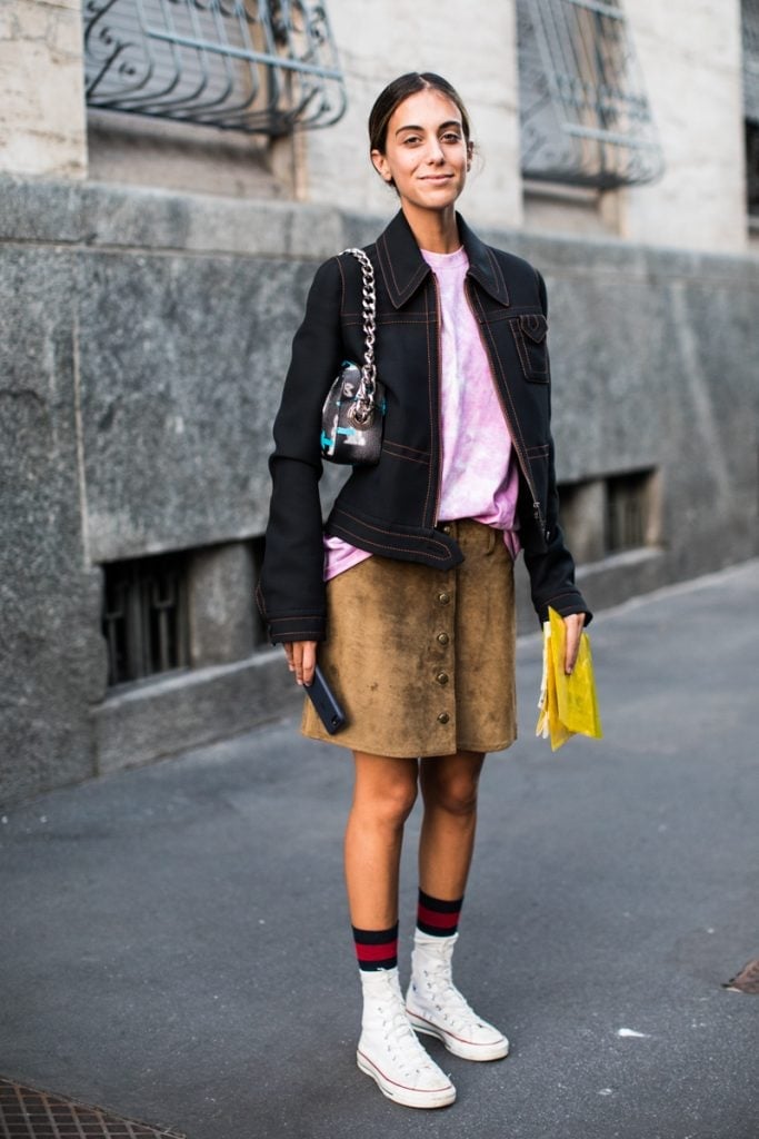 Cropped Jacket and Graphic Tee with Suede Mini, Office-Safe Version — Trendy Converse Outfits