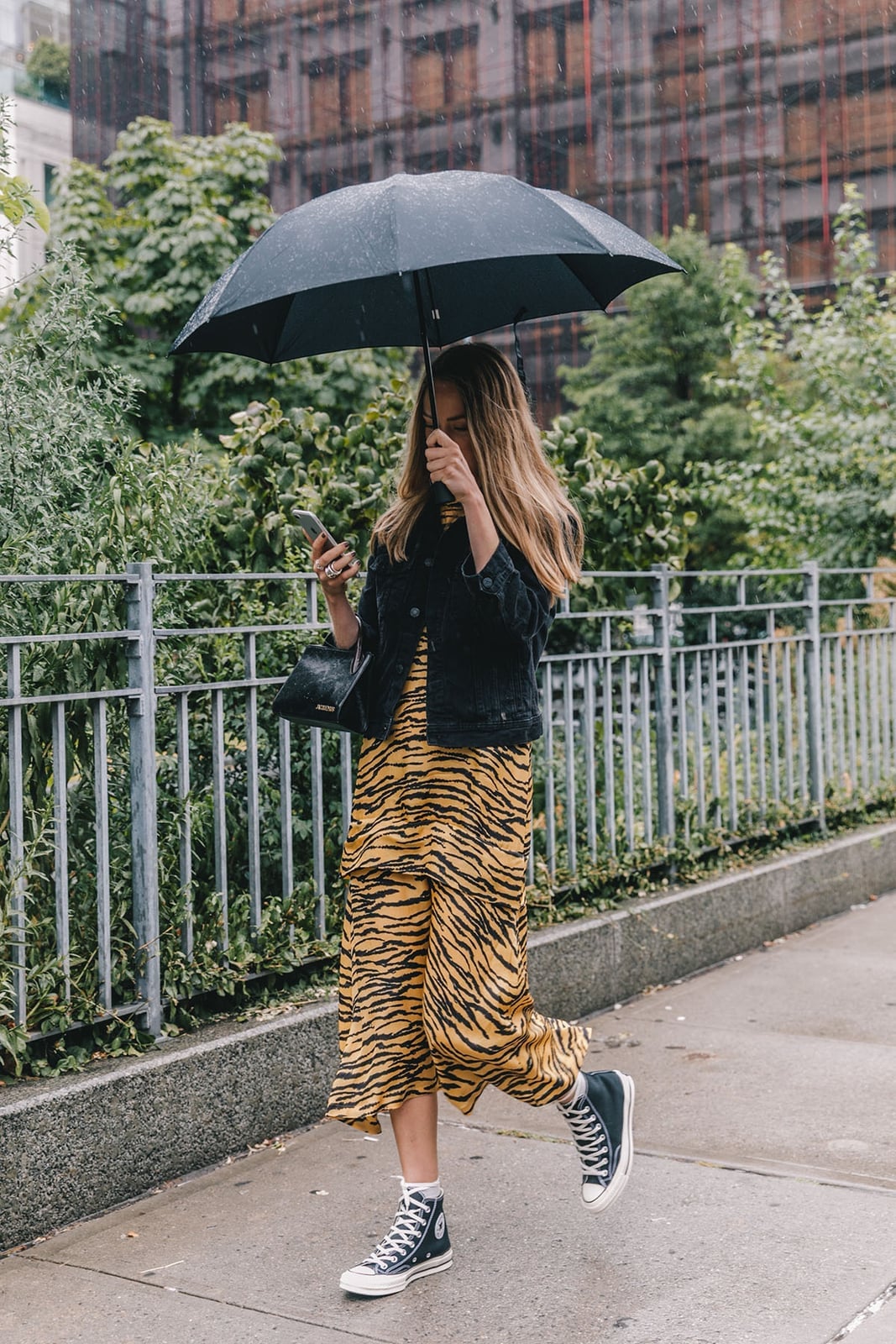 Tiger Print Midi Dress with Denim Jacket and High Top Converse — Trendy Converse Outfits