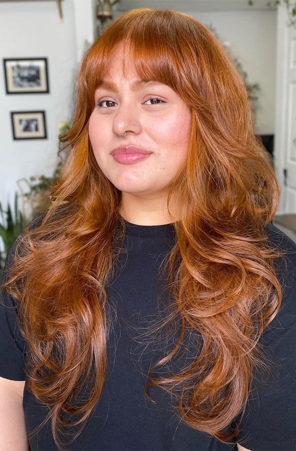Mid-Back Shag Copper With Curtain Bangs — Trendy Copper Hair