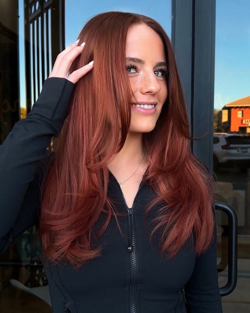 Mid-Back Red Copper With Face Framing Layers — Trendy Copper Hair
