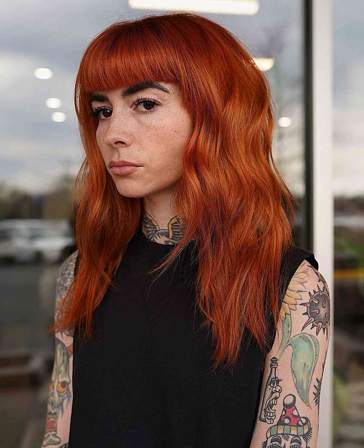 Mid-Back Deep Copper Shag With Full Bangs — Trendy Copper Hair