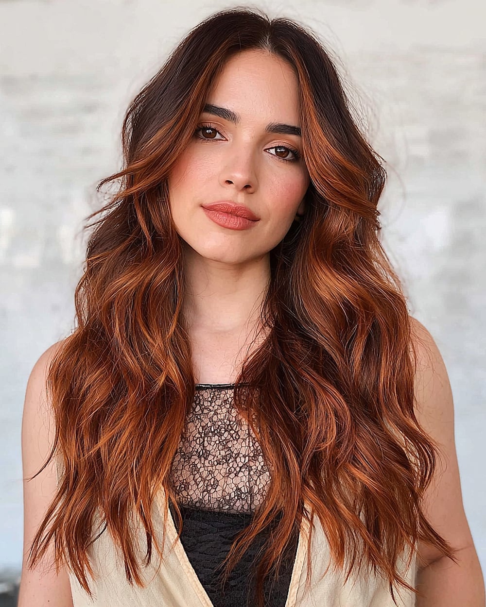 Mid-Back Copper Balayage With Face Framing — Trendy Copper Hair