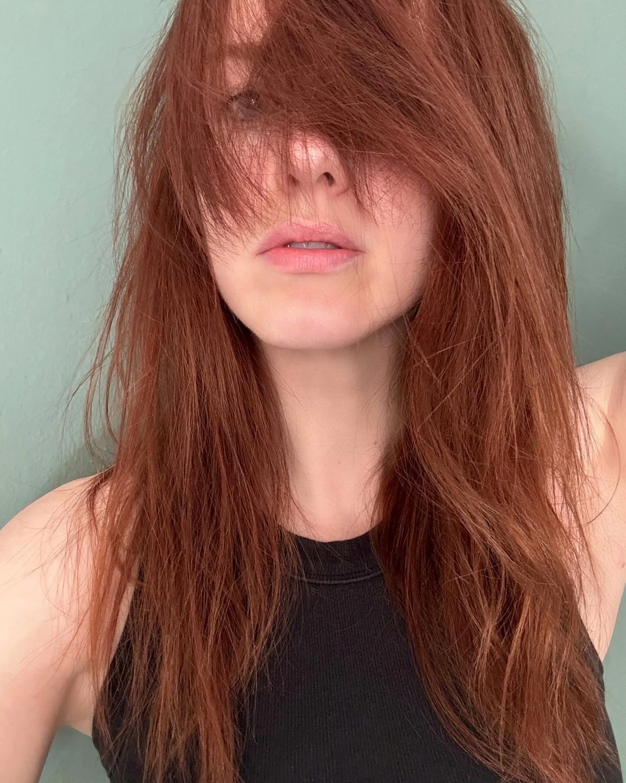 Mid-Back Fine Wavy Copper With Curtain Bangs — Trendy Copper Hair