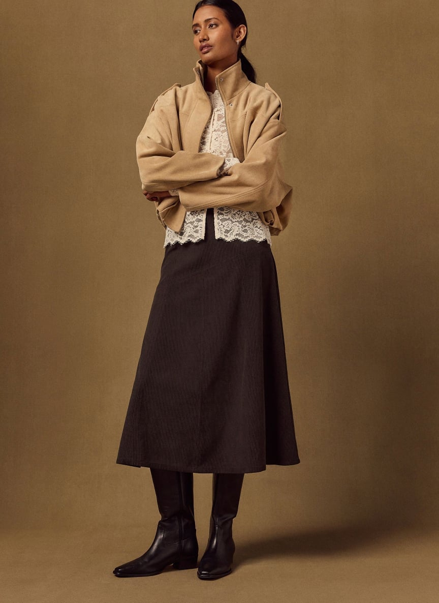 Dark Brown Corduroy Maxi Skirt with Lace Top Dark Brown Corduroy Maxi Skirt with Lace Top — Trendy Corduroy Skirt Outfit
