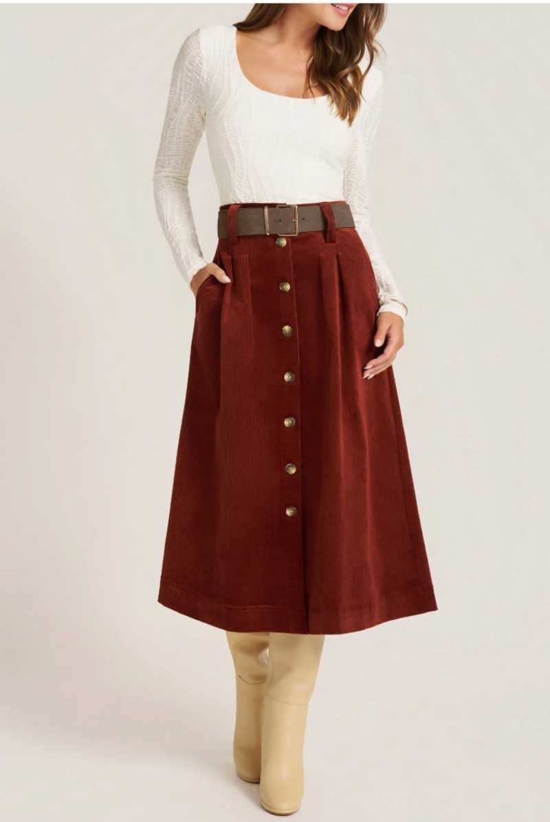 Rust Brown Corduroy Maxi Skirt with Boots Rust Brown Corduroy Maxi Skirt with Boots — Trendy Corduroy Skirt Outfit
