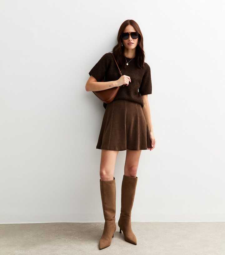 Brown Corduroy Mini Skirt and Matching Sweater, Sunglasses Brown Corduroy Mini Skirt and Matching Sweater, Sunglasses — Trendy Corduroy Skirt Outfit