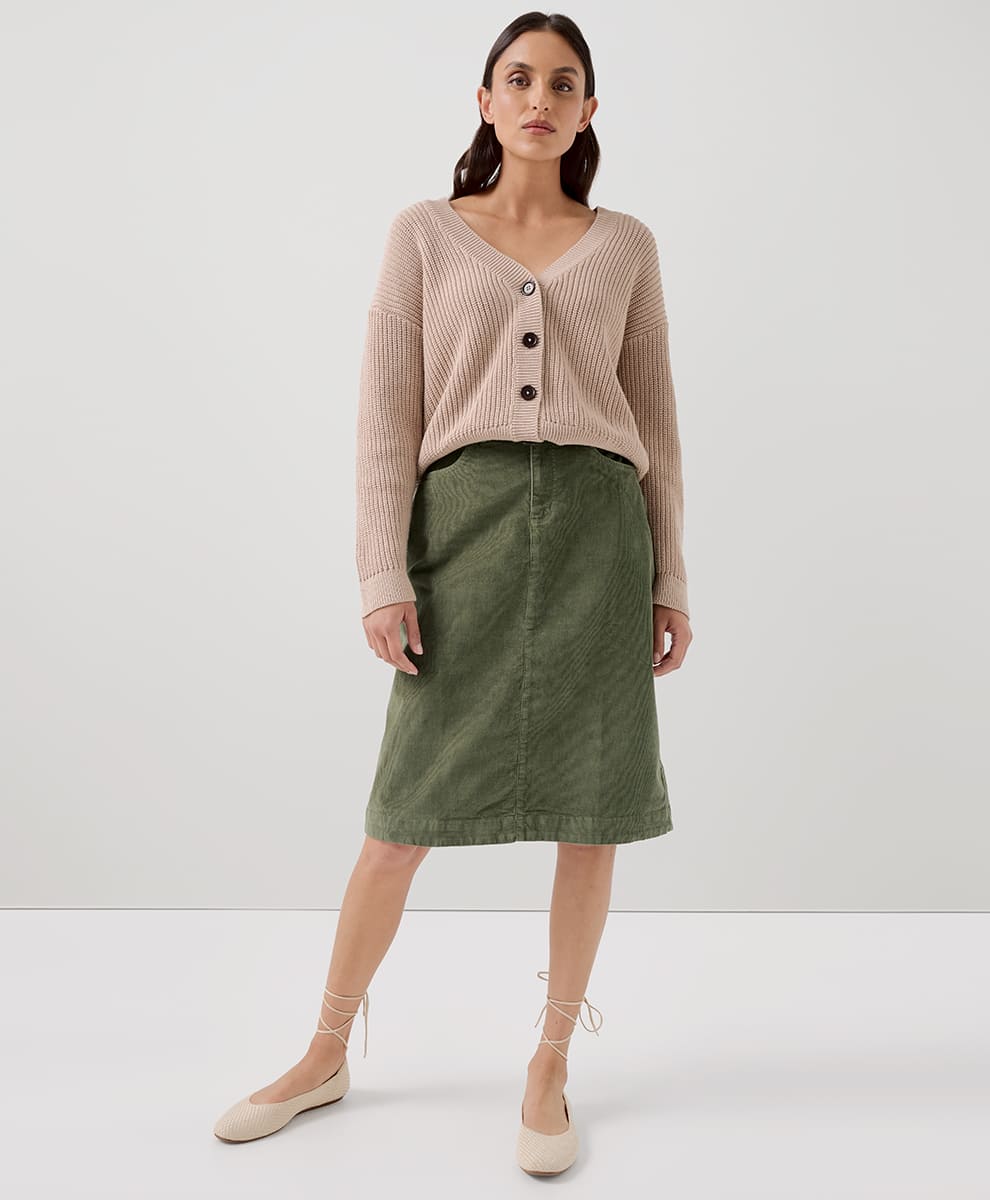 Olive Corduroy A-Line Skirt with Beige Cardigan Olive Corduroy A-Line Skirt with Beige Cardigan — Trendy Corduroy Skirt Outfit