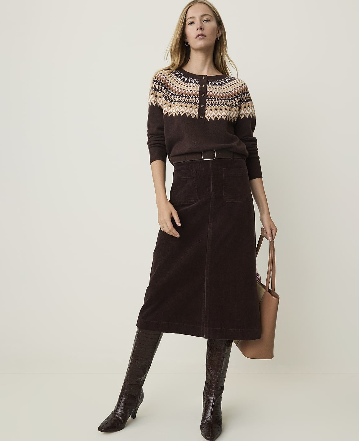 Chocolate Brown Corduroy Midi Skirt and Fair Isle Sweater Chocolate Brown Corduroy Midi Skirt and Fair Isle Sweater — Trendy Corduroy Skirt Outfit