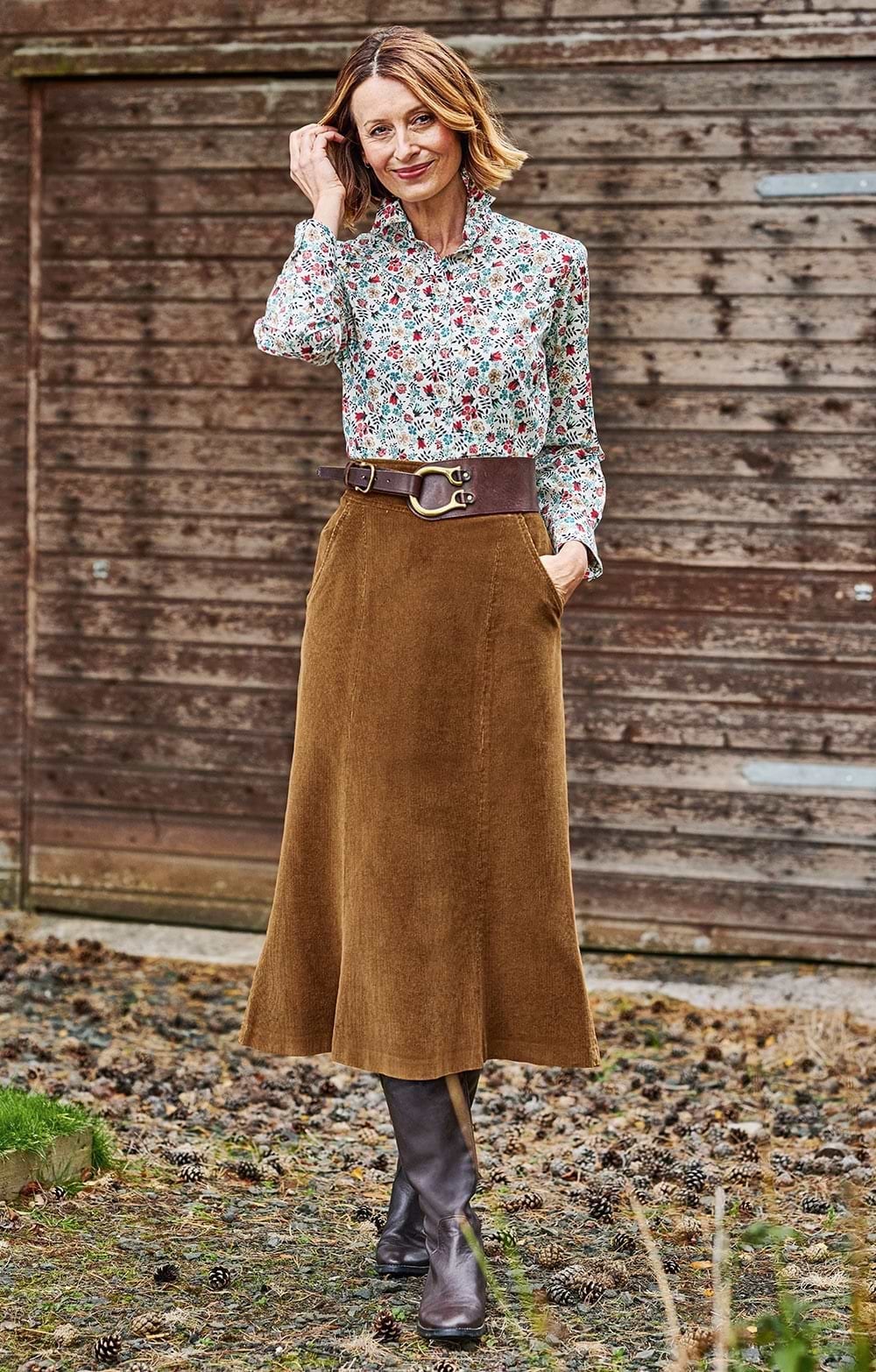 Brown Corduroy Fluted Skirt with Floral Shirt Brown Corduroy Fluted Skirt with Floral Shirt — Trendy Corduroy Skirt Outfit