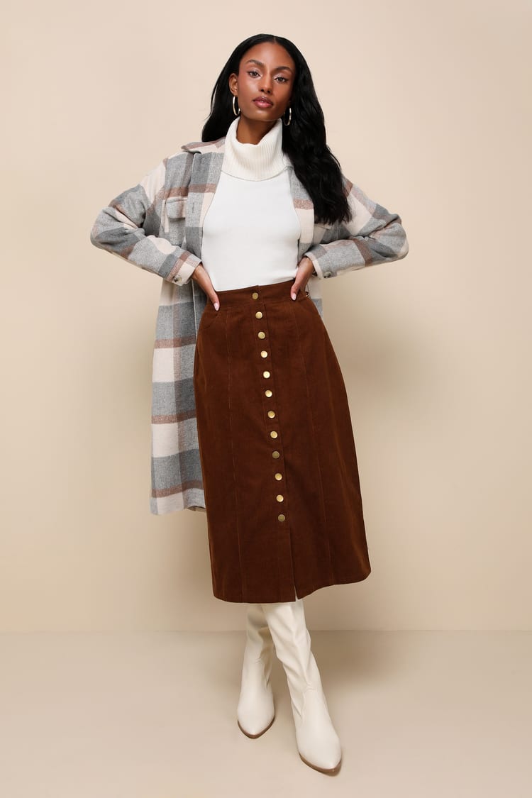 Brown Button-Front Corduroy Maxi Skirt and Plaid Coat Brown Button-Front Corduroy Maxi Skirt and Plaid Coat — Trendy Corduroy Skirt Outfit
