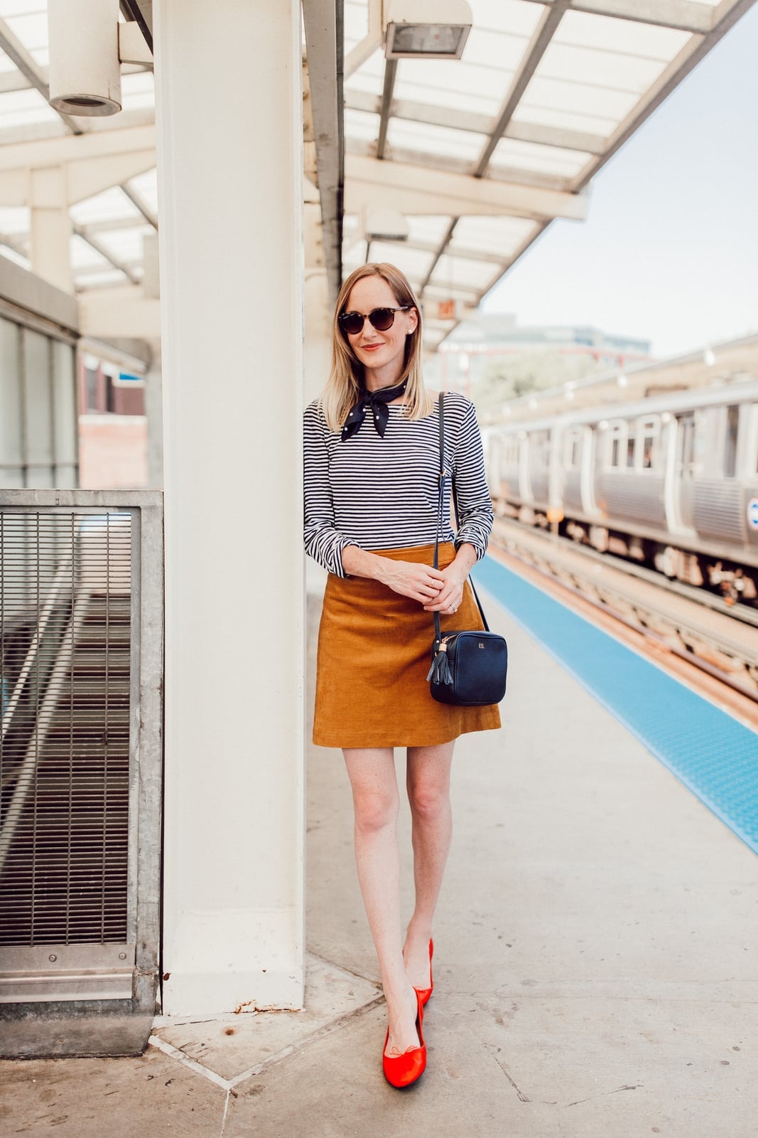 Mustard Corduroy Mini Skirt and Striped Shirt Mustard Corduroy Mini Skirt and Striped Shirt — Trendy Corduroy Skirt Outfit