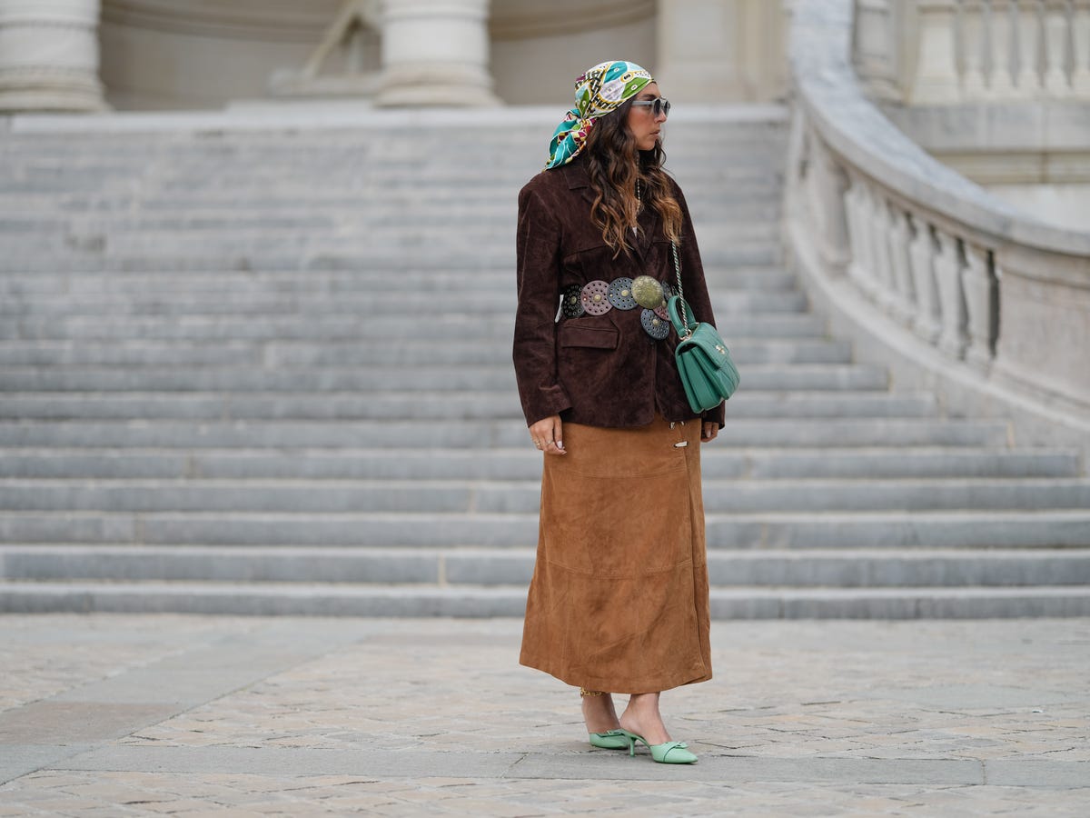Tan Corduroy Maxi Skirt with Scarf and Mules Tan Corduroy Maxi Skirt with Scarf and Mules — Trendy Corduroy Skirt Outfit