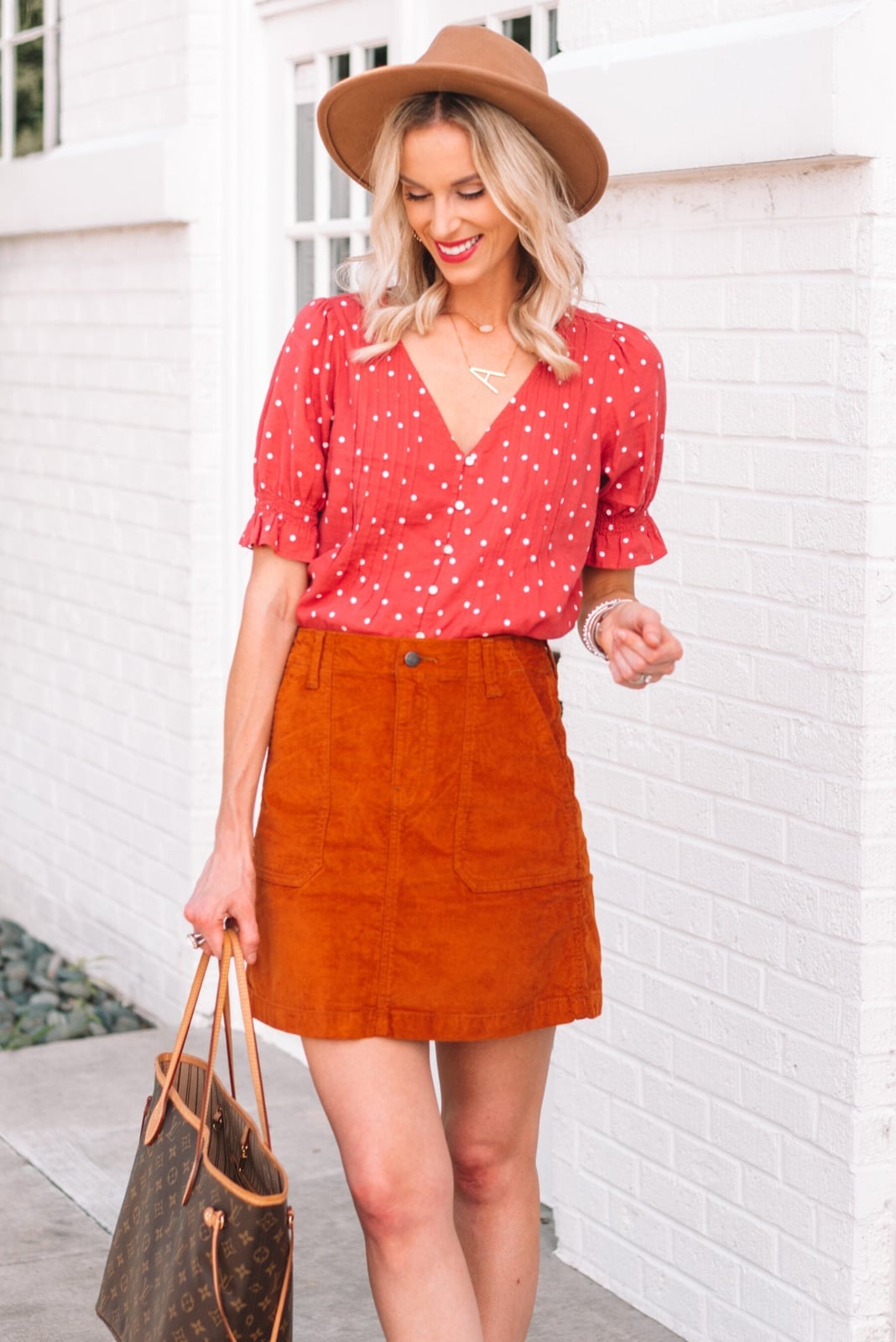 Orange Corduroy Mini Skirt and Polka Dot Blouse Orange Corduroy Mini Skirt and Polka Dot Blouse — Trendy Corduroy Skirt Outfit