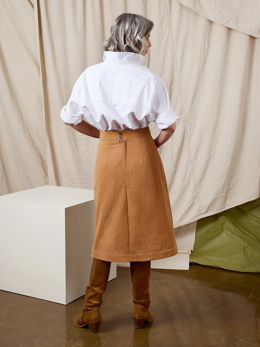 Tan Corduroy Maxi Skirt with Button-Down Shirt Tan Corduroy Maxi Skirt with Button-Down Shirt — Trendy Corduroy Skirt Outfit