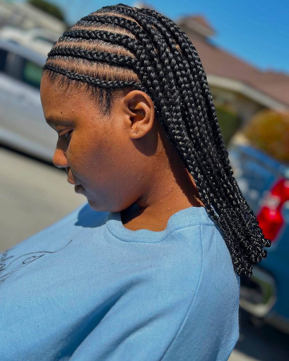 Geometric Cornrows With Wavy Shoulder Braids Geometric Cornrows With Wavy Shoulder Braids — Trendy Cornrows Braids for Black Women