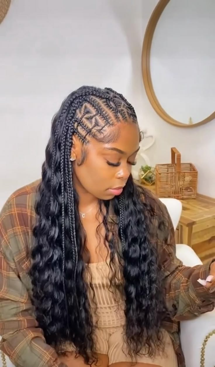 Cornrows With Wavy Black Extensions Cornrows With Wavy Black Extensions — Trendy Cornrows Hairstyles for Black Women