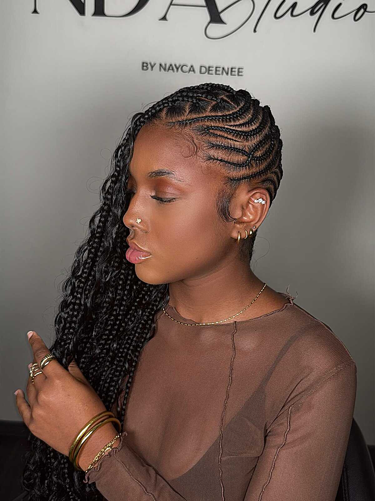 Geometric Cornrows With Twist Braids And Curls Geometric Cornrows With Twist Braids And Curls — Trendy Cornrows Hairstyles for Black Women