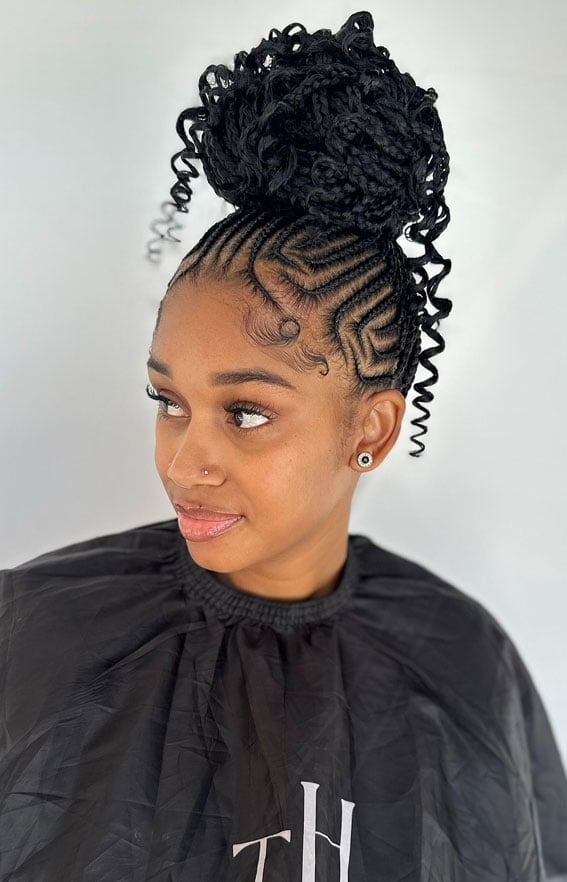 High Updo With Cornrows And Curly Tendrils High Updo With Cornrows And Curly Tendrils — Trendy Cornrows Hairstyles for Black Women
