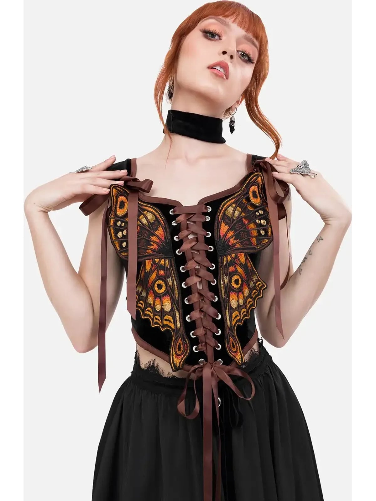 Black Velvet Corset With Embroidered Butterfly Wings Black Velvet Corset With Embroidered Butterfly Wings — Trendy Corset Top Outfits
