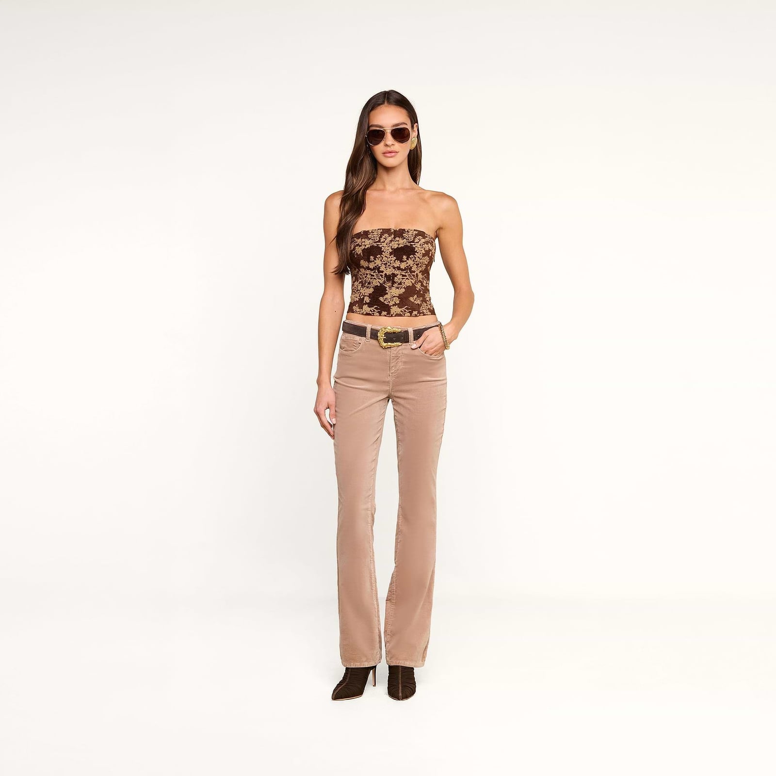 Floral Tapestry Corset With Flared Corduroy Trousers Floral Tapestry Corset With Flared Corduroy Trousers — Trendy Corset Top Outfits