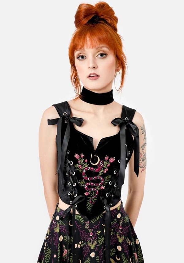 Black Velvet Corset With Snake and Floral Embroidery Black Velvet Corset With Snake and Floral Embroidery — Trendy Corset Top Outfits