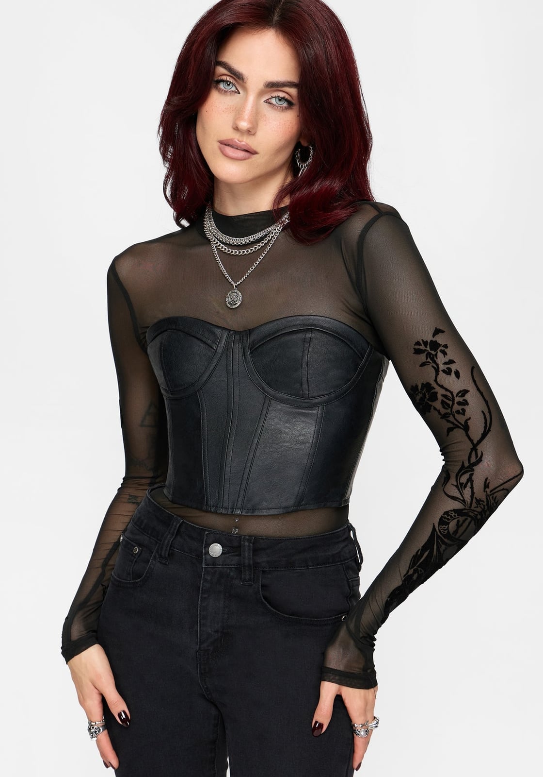Leather Corset Over Tattoo Print Mesh Top, Close-Up Take Leather Corset Over Tattoo Print Mesh Top, Close-Up Take — Trendy Corset Top Outfits