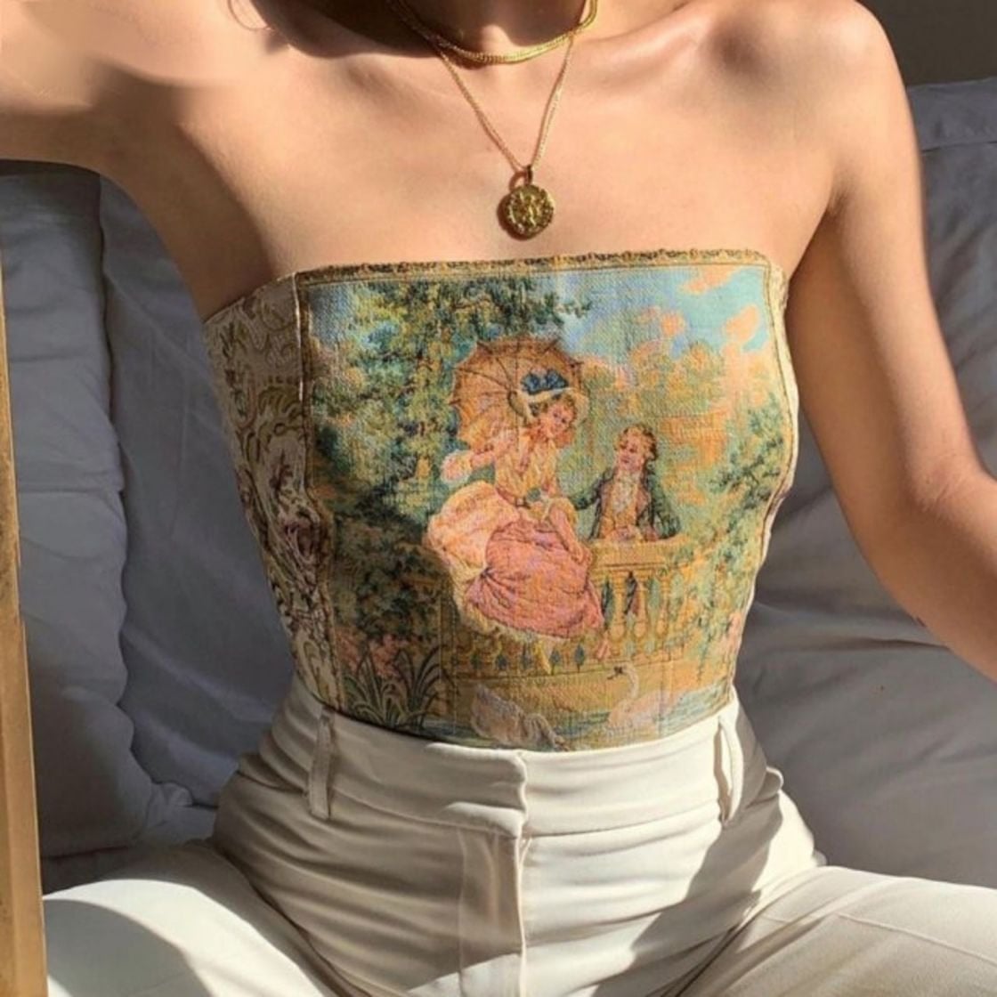 Tapestry Corset Top With White Straight Leg Trousers Tapestry Corset Top With White Straight Leg Trousers — Trendy Corset Top Outfits