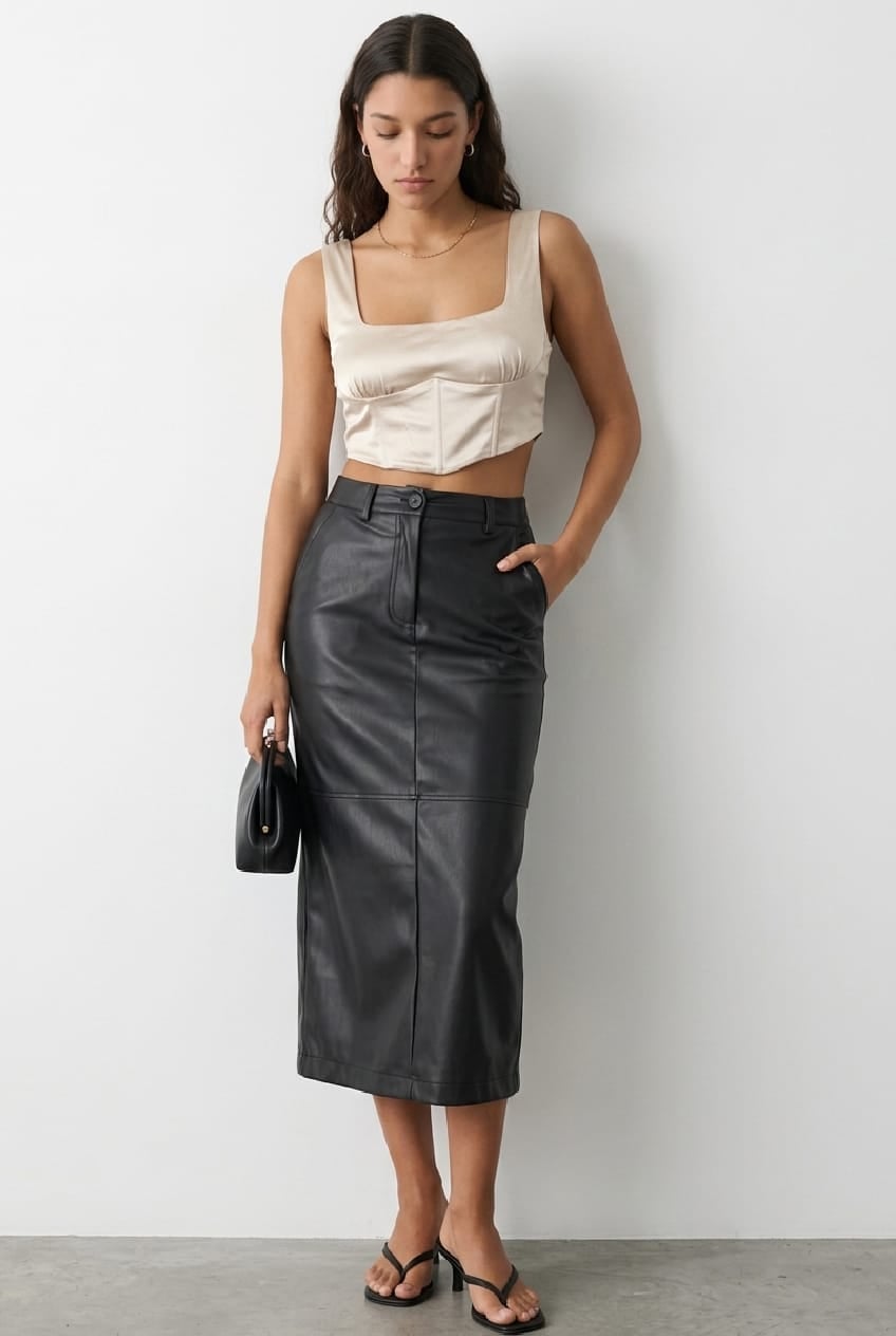 Beige Satin Corset With Black Faux Leather Skirt Beige Satin Corset With Black Faux Leather Skirt — Trendy Corset Top Outfits