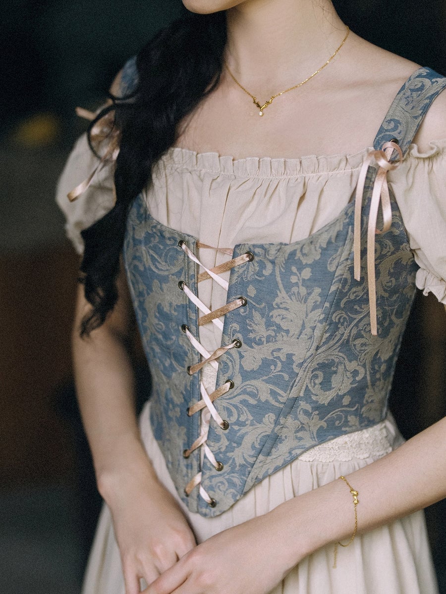 Brocade Corset Over Off-The-Shoulder Blouse Brocade Corset Over Off-The-Shoulder Blouse — Trendy Cottagecore Outfits