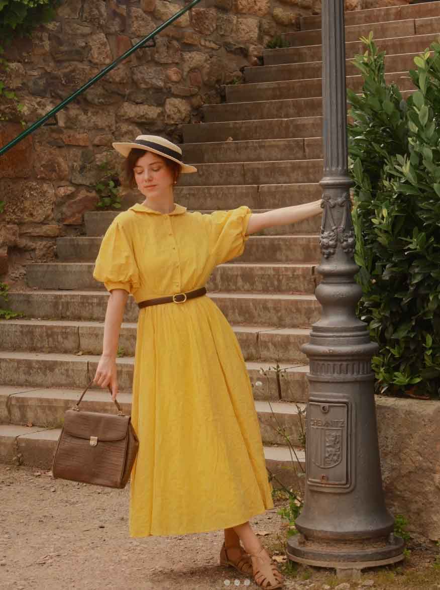 Bright Yellow Midi Dress with Puff Sleeves and Belt Bright Yellow Midi Dress with Puff Sleeves and Belt — Trendy Cottagecore Outfits