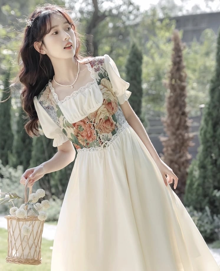 Cream Dress with Floral Bodice and Puff Sleeves Cream Dress with Floral Bodice and Puff Sleeves — Trendy Cottagecore Outfits